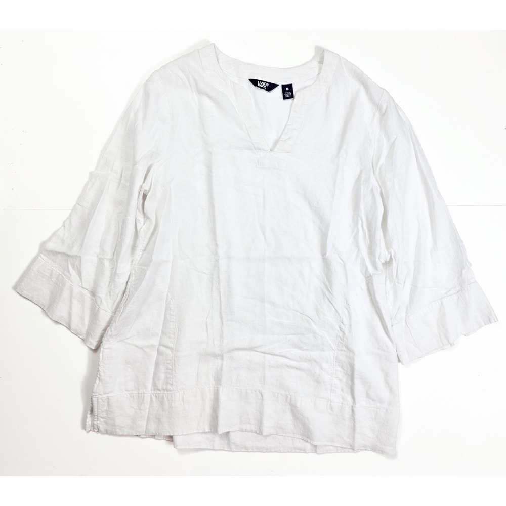 LANDS' END White Boho Split Neck 3/4 Sleeve Linen Blend Tunic Women's Size M